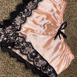 Pink Satin Panties with Black Lace Trim